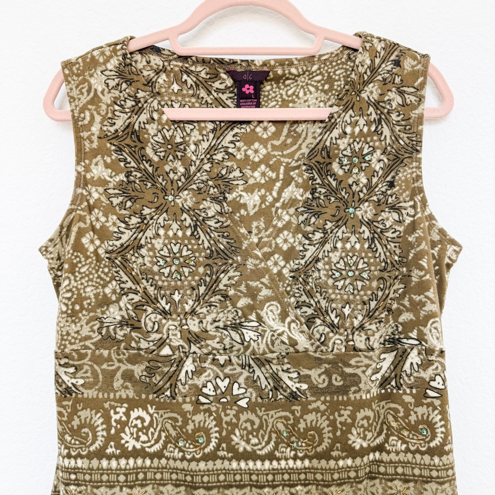 Y2K Womens Babydoll‎ Top Size L Green Beaded Boho Floral Forest Fairy Goblincore - Picture 2 of 7
